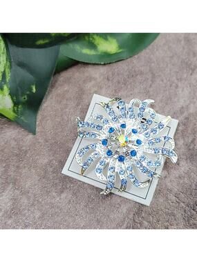 ZAD Silver & Blue Rhinestone Sunburst Brooch Pin NEW